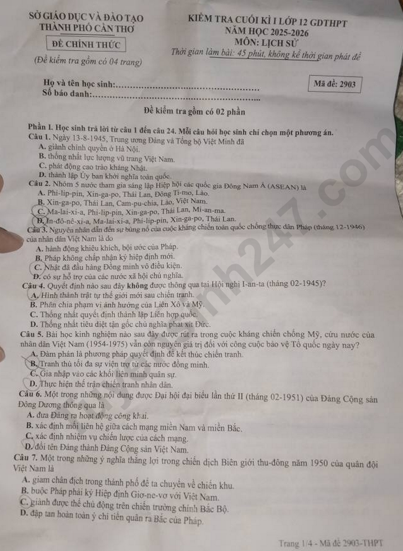 De thi ki 1 mon Lich su lop 12 nam 2025 - So GD Can Tho