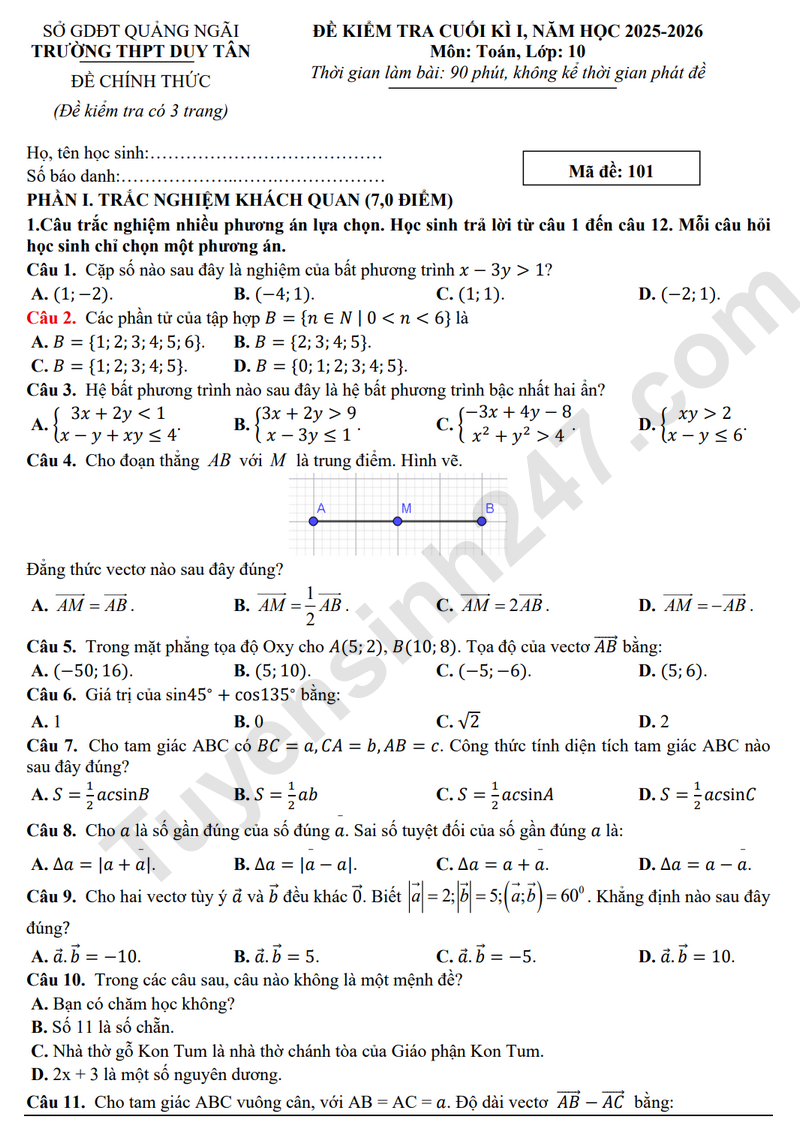 De thi HK 1 lop 10 mon Toan 2025 - THPT Duy Tan