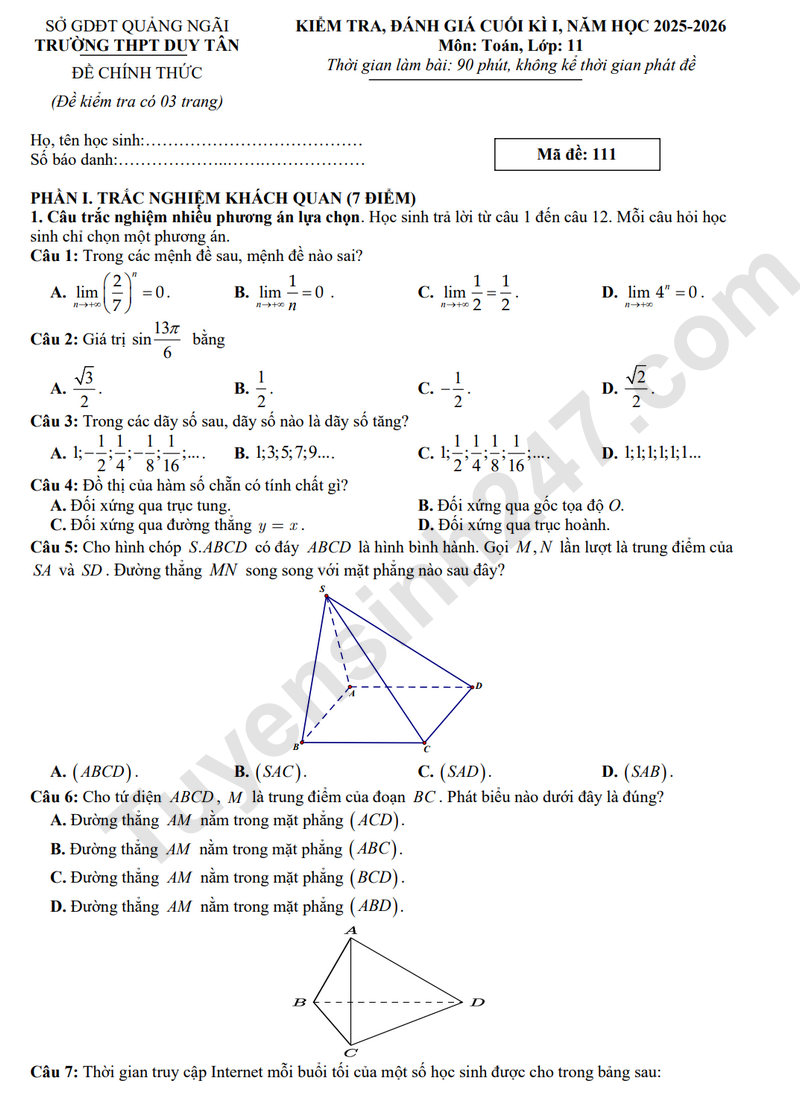 De thi HK 1 lop 11 mon Toan 2025 - THPT Duy Tan (Co dap an)