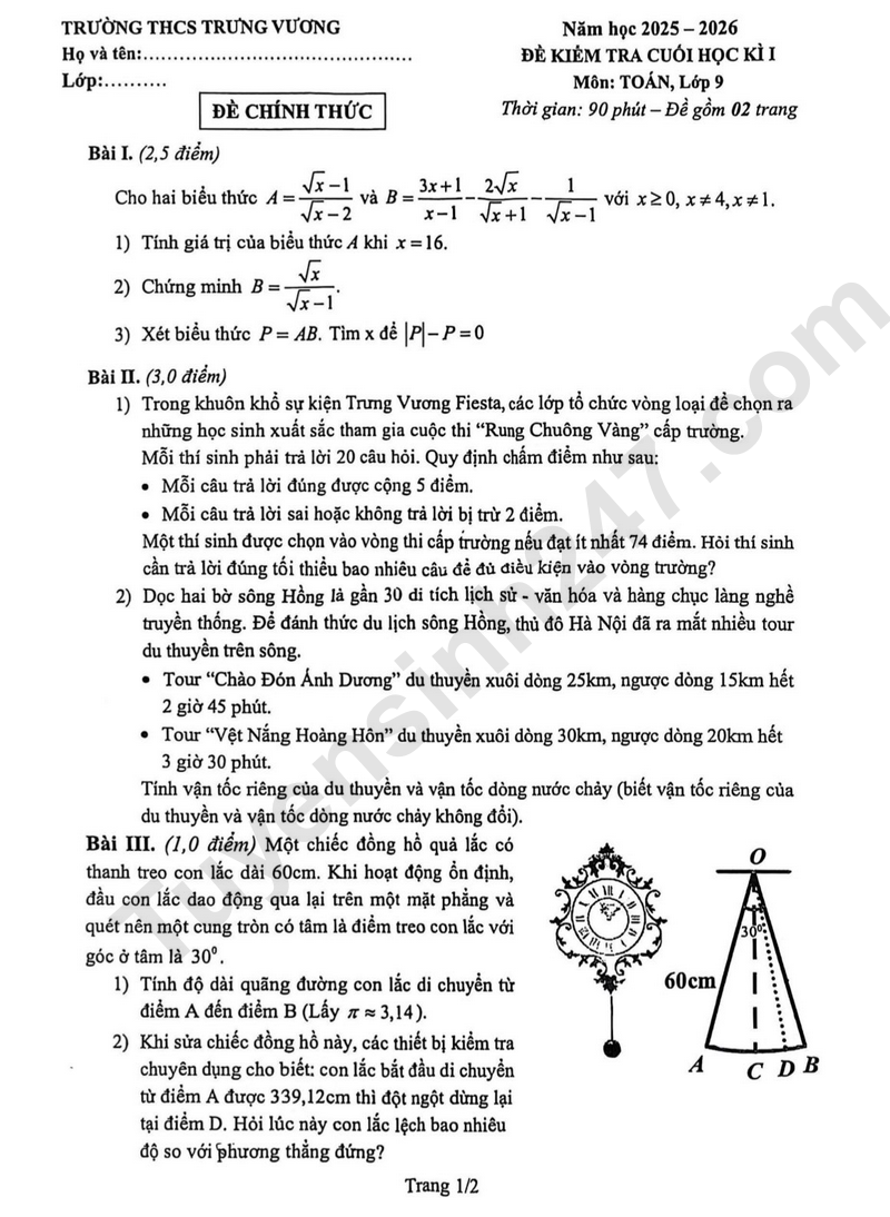 De thi HK 1 lop 9 mon Toan 2025 - THCS Trung Vuong