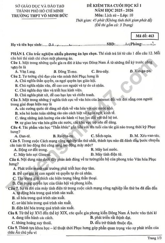 De thi hoc ki 1 lop 10 mon Su - THPT Vo Minh Duc 2025