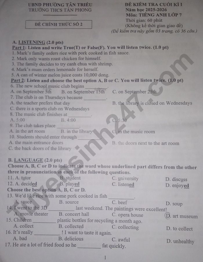 De thi cuoi ki 1 lop 7 mon Anh 2025 - THCS Tan Phong