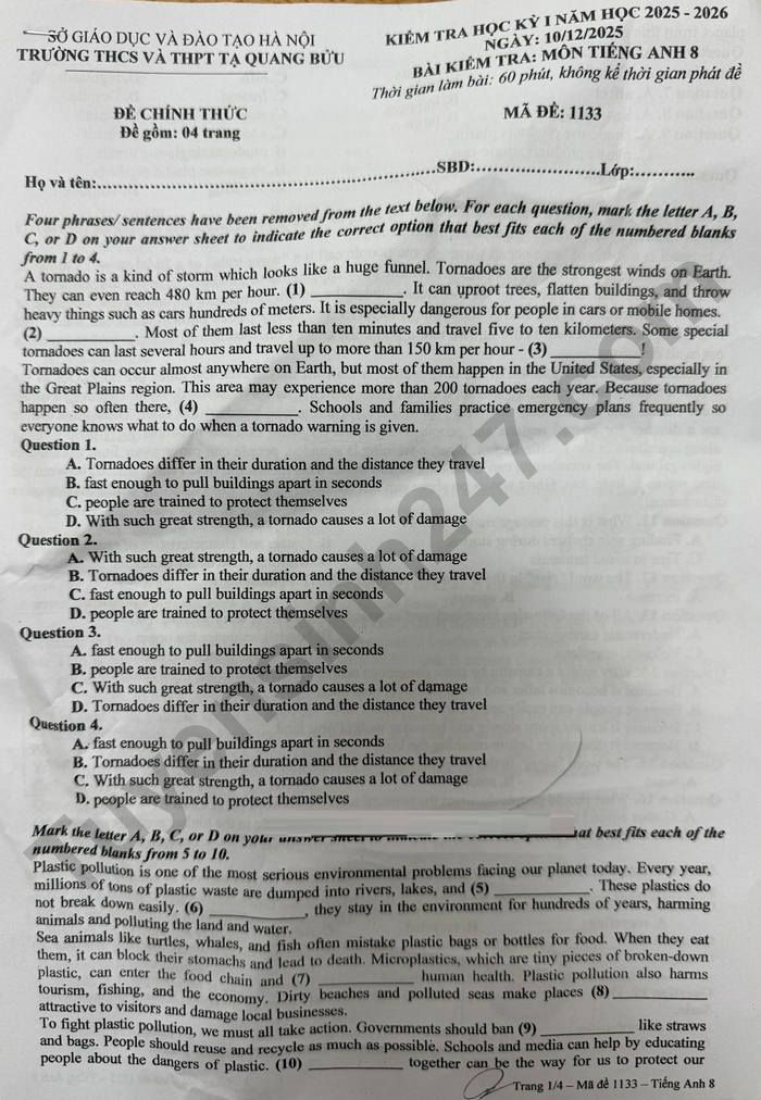 De thi hoc ki 1 Anh lop 8 THCS&THPT Ta Quang Buu 2025