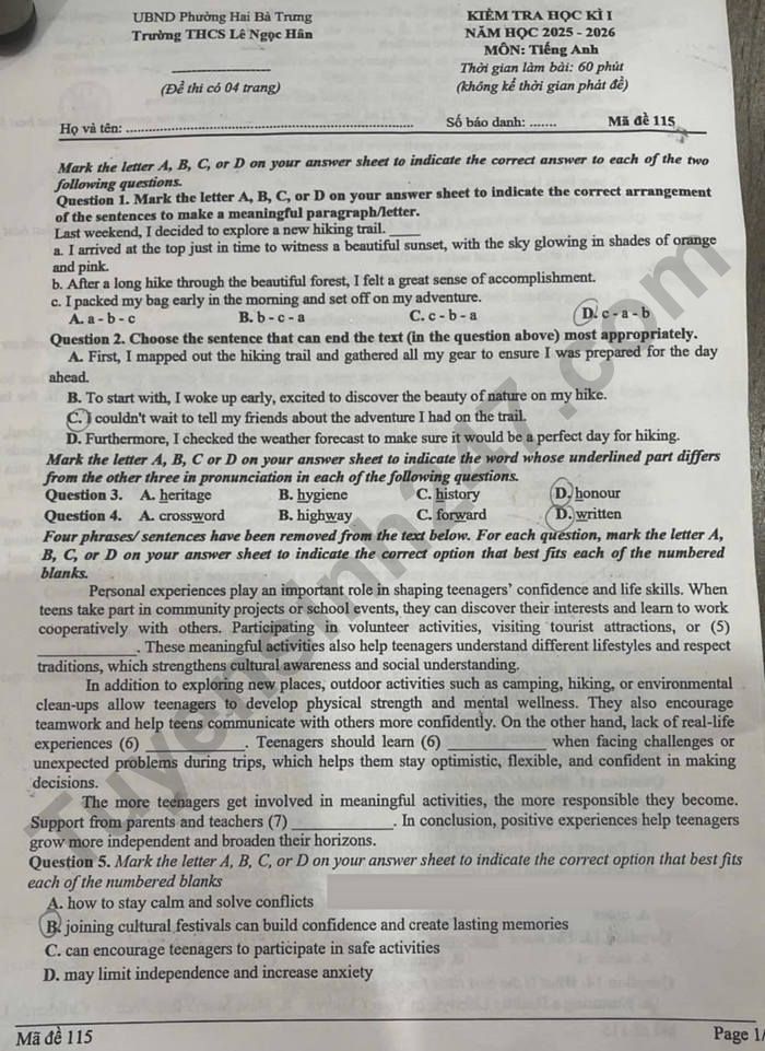 De thi ki 1 nam 2025 lop 9 mon Anh - THCS Le Ngoc Han