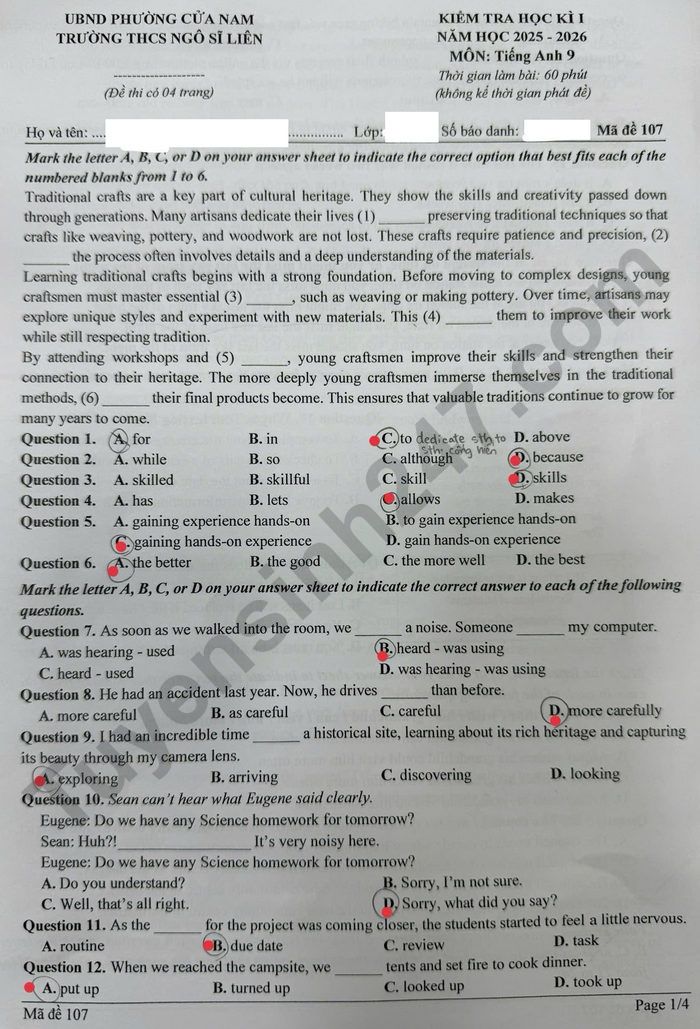 De thi hoc ki 1 mon Anh 9 THCS Ngo Si Lien 2025