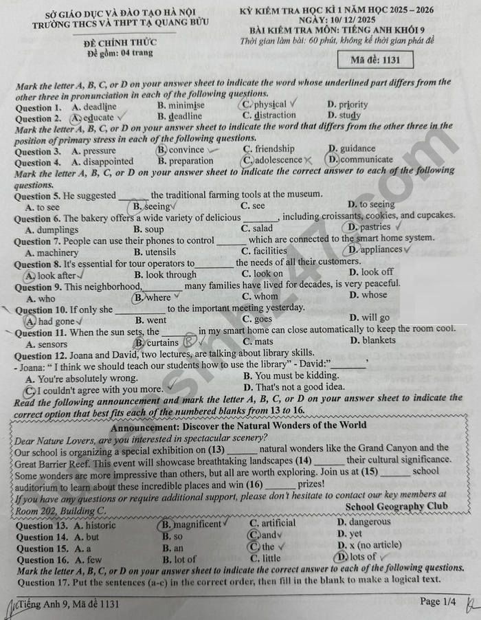 De thi hoc ki 1 lop 9 mon Anh 2025 - THCS va THPT Ta Quang Buu