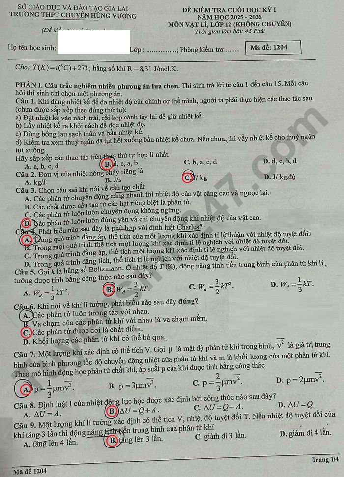 De thi cuoi ki 1 lop 12 mon Ly 2025 - THPT Chuyen Hung Vuong