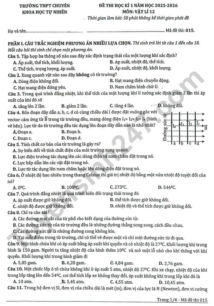 De thi HK1 nam 2025 mon Ly 12 - THPT Chuyen khoa hoc tu nhien