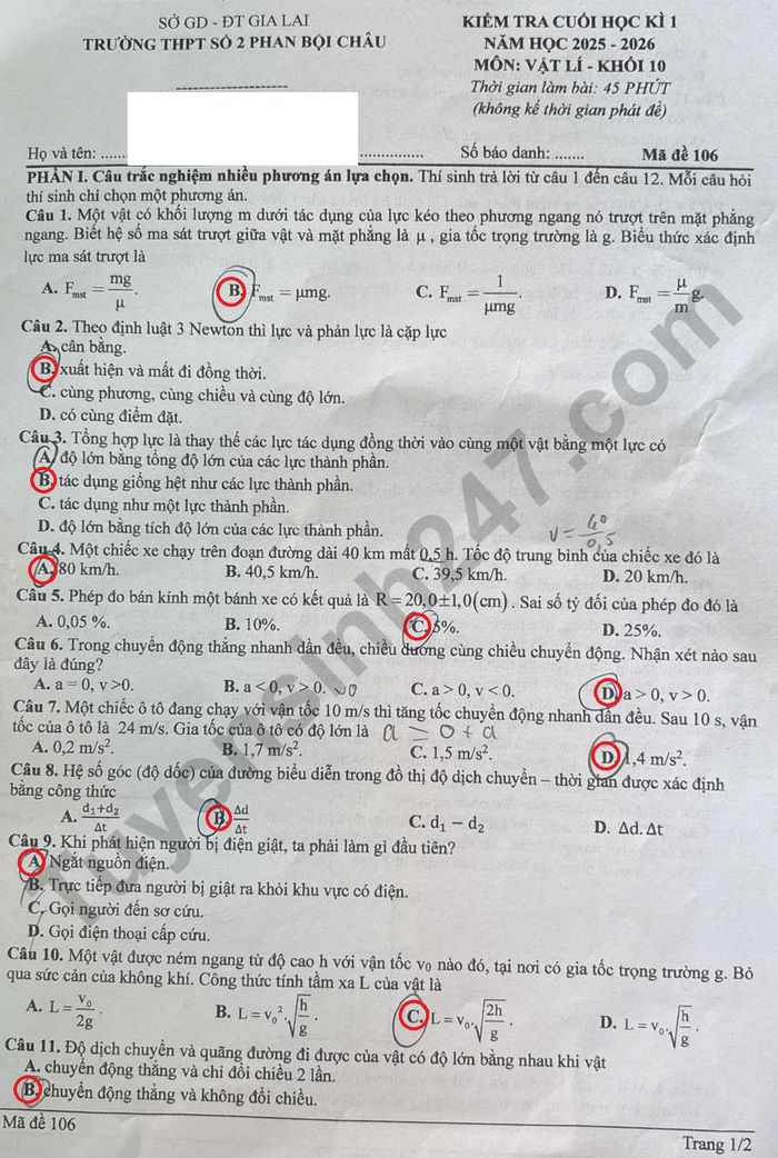 De thi ki 1 nam 2025 lop 10 mon Ly - THPT so 2 Phan Boi Chau