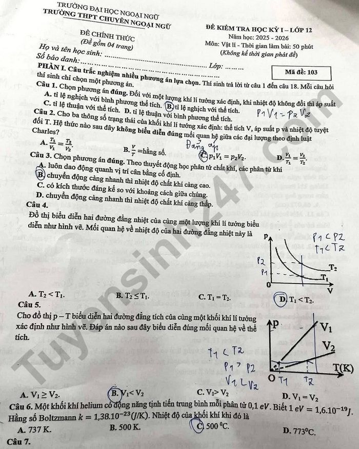 De thi hoc ki 1 lop 12 mon Ly 2025 - THPT Chuyen Ngoai ngu