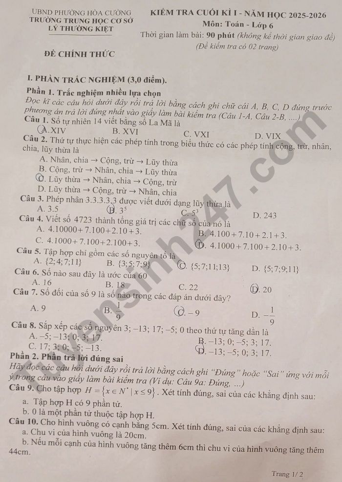 De thi hoc ki 1 mon Toan 6 THCS Ly Thuong Kiet 2025