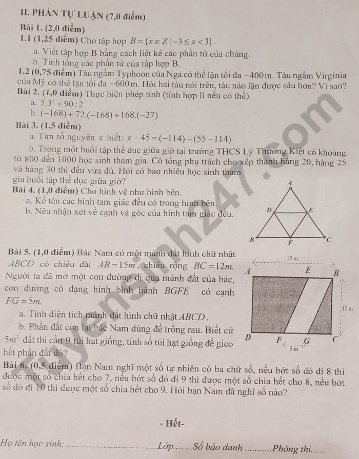 De thi hoc ki 1 mon Toan 6 THCS Ly Thuong Kiet 2025