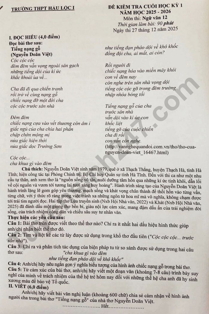 De thi hoc ki 1 Van lop 12 THPT Hau Loc I nam 2025