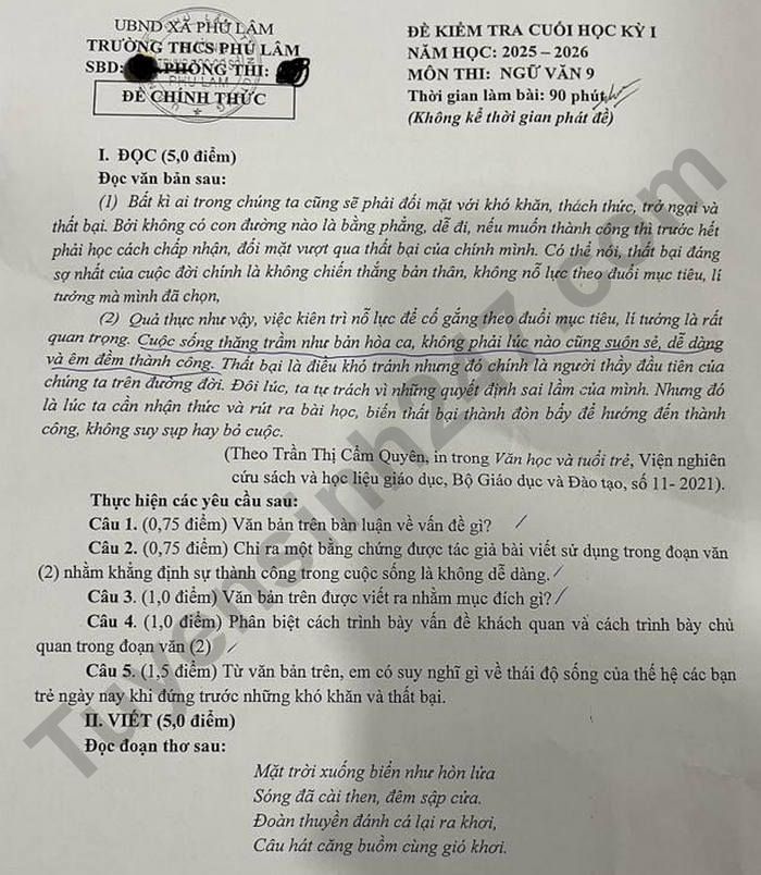 De thi ki 1 nam 2025 mon Van 9 - THCS Phu Lam