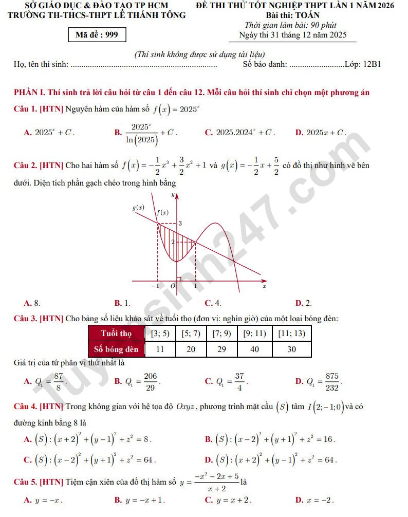 De thi thu tot nghiep THPT 2026 mon Toan - THPT Le Thanh Tong lan 1