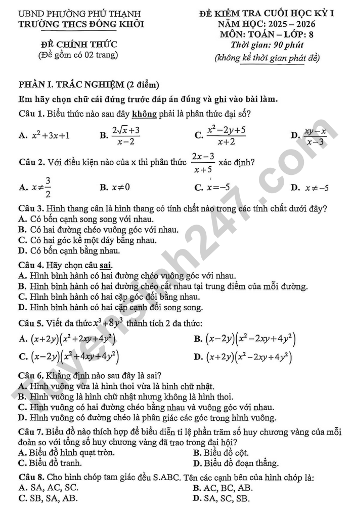 De thi hoc ki 1 mon Toan 8 THCS Dong Khoi 2025