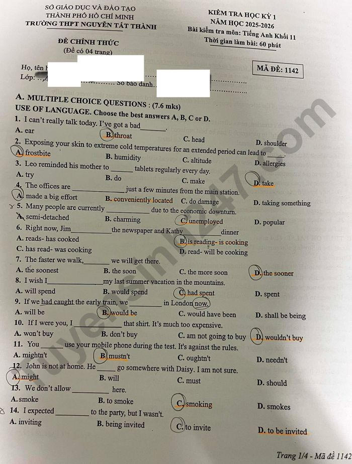 De thi hoc ki 1 nam 2025 THPT Nguyen Tat Thanh - mon Anh lop 11