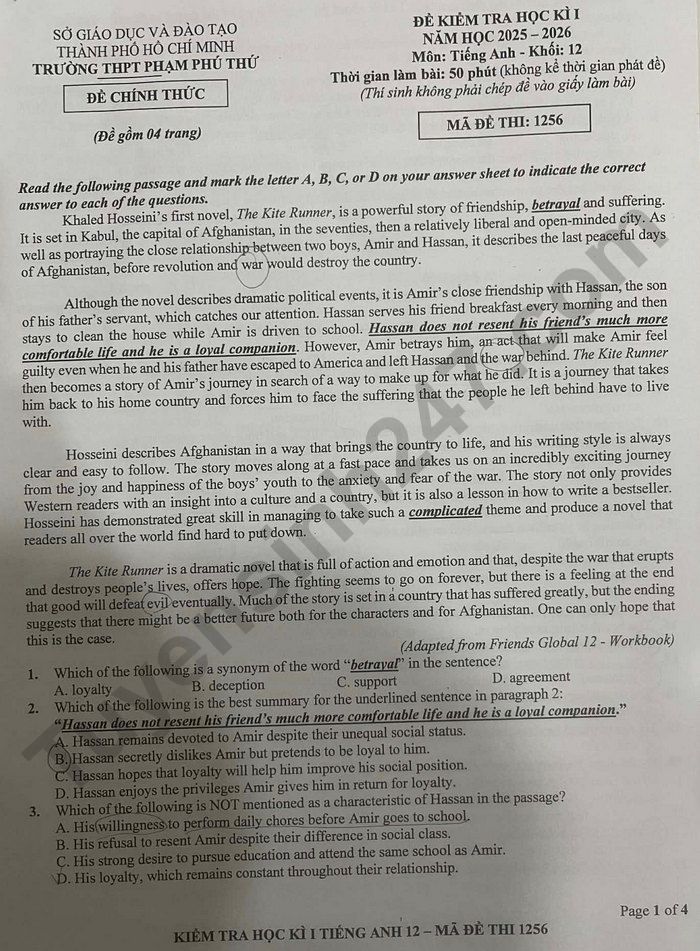 De thi hoc ki 1 mon Anh lop 12 THPT Pham Phu Thu 2025