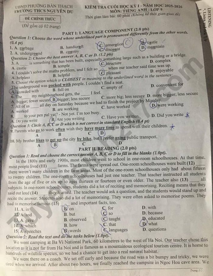 De thi hoc ki 1 lop 9 mon Anh 2025 - THCS Nguyen Du
