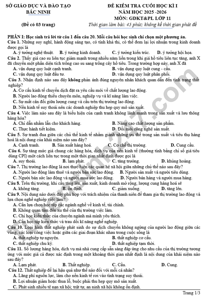 De thi hoc ki 1 lop 11 mon GDKT&PL 2025 - So GD Bac Ninh