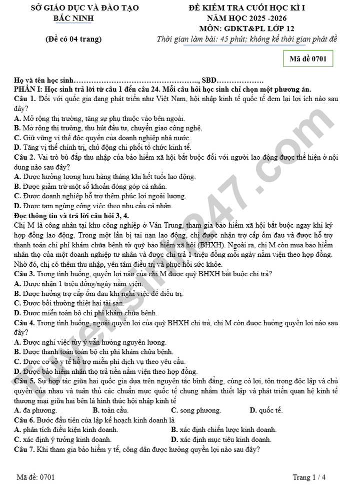 De thi cuoi ki 1 mon GDKT&PL lop 12 So GD Bac Ninh 2025