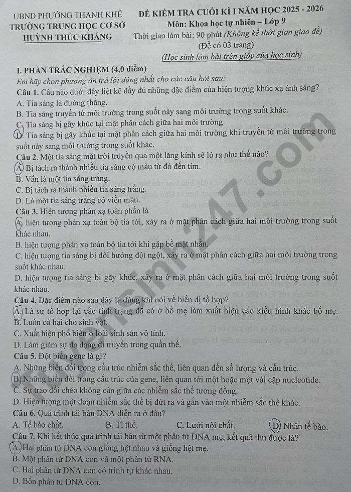 De thi cuoi ki 1 lop 9 mon KHTN - THCS Huynh Thuc Khang 2025