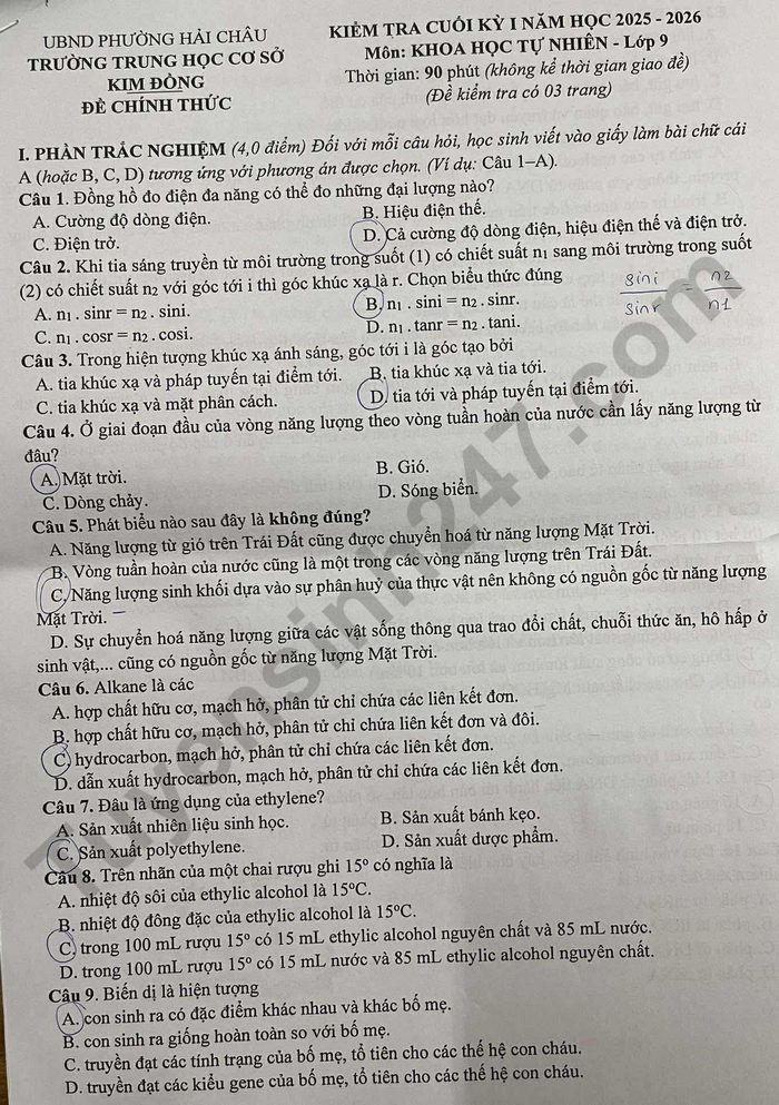 De thi cuoi ki 1 nam 2025 THCS Kim Dong - mon KHTN lop 9