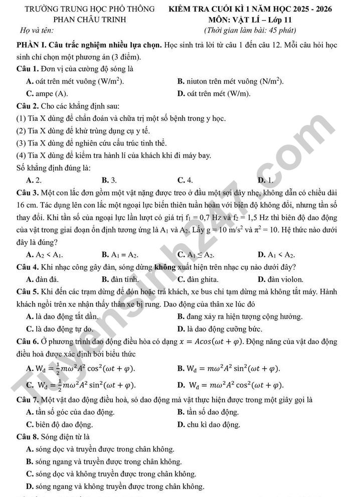 De thi cuoi ki 1 mon Ly lop 11 THPT Phan Chau Trinh 2025