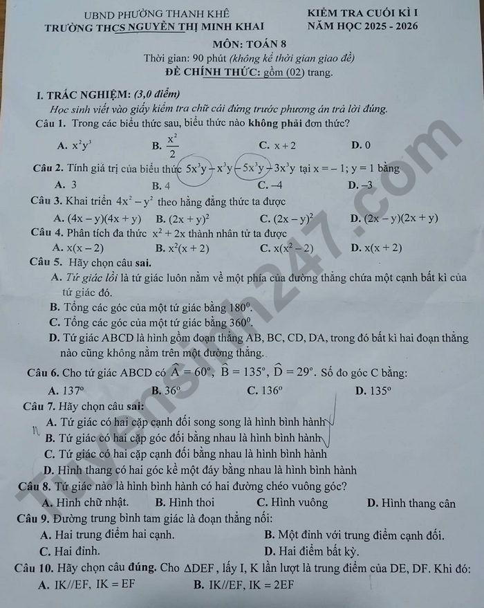 De thi cuoi ki 1 mon Toan 8 THCS Nguyen Thi Minh Khai 2025