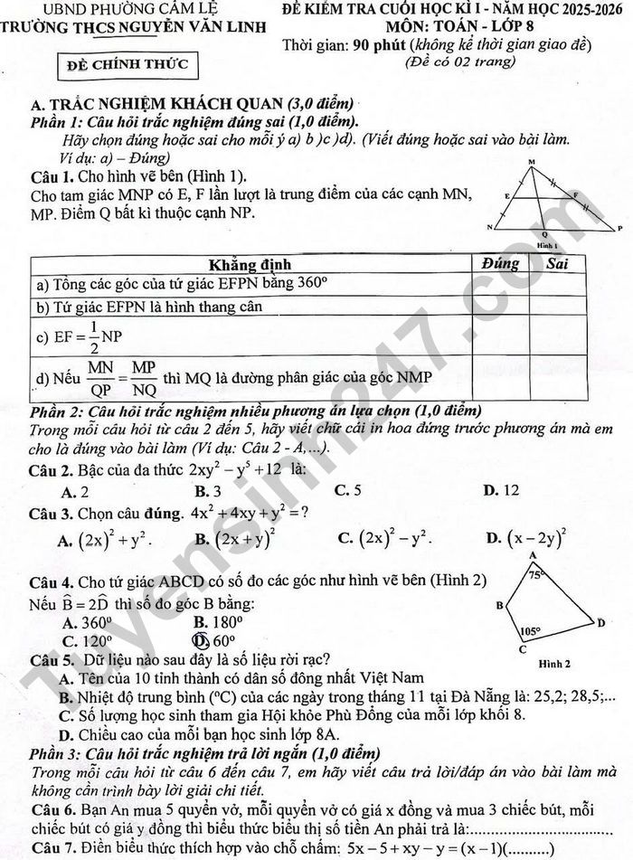 De thi hoc ki 1 lop 8 mon Toan 2025 - THCS Nguyen Van Linh