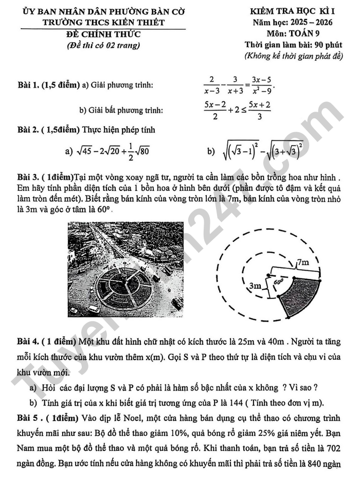 De thi ki 1 nam 2025 mon Toan 9 THCS Kien Thiet