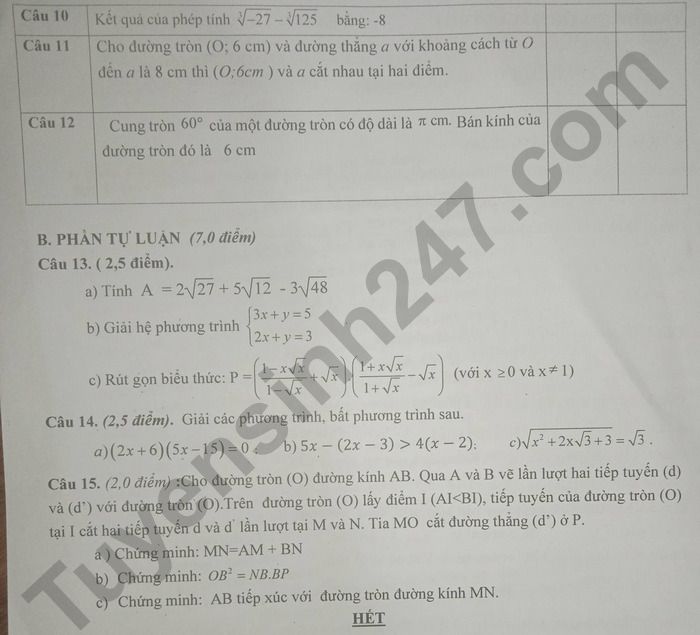 De thi cuoi HK1 mon Toan 9 TH-THCS Xuan Tho 1 nam 2025