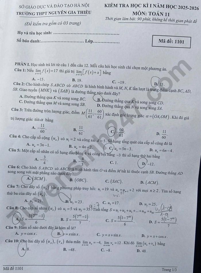 De thi hoc ki 1 nam 2025 Toan 11 - THPT Nguyen Gia Thieu
