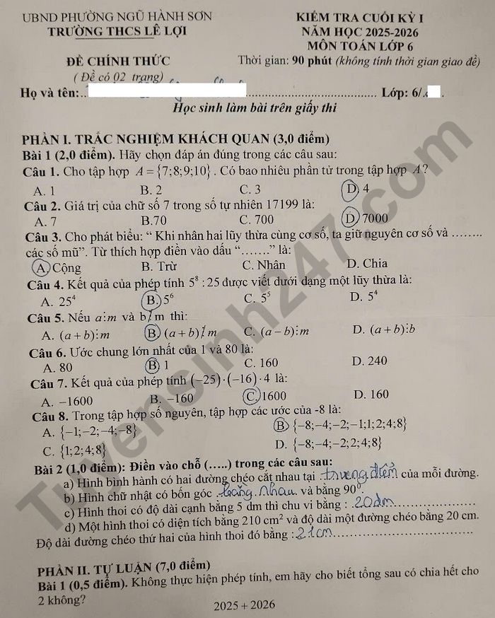 De thi cuoi ki 1 mon Toan 6 THCS Le Loi 2025