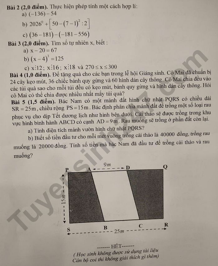 De thi cuoi ki 1 mon Toan 6 THCS Le Loi 2025