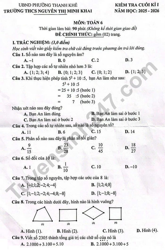 De thi cuoi ki 1 mon Toan 6 THCS Nguyen Thi Minh Khai 2025