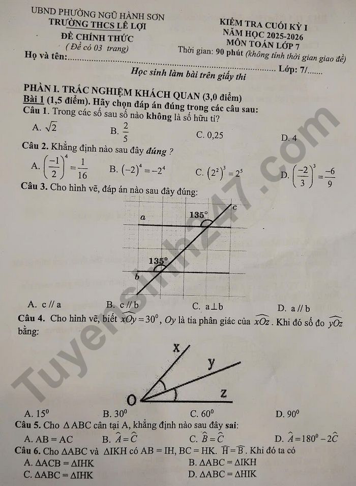 De thi hoc ki 1 lop 7 mon Toan 2025 - THCS Le Loi