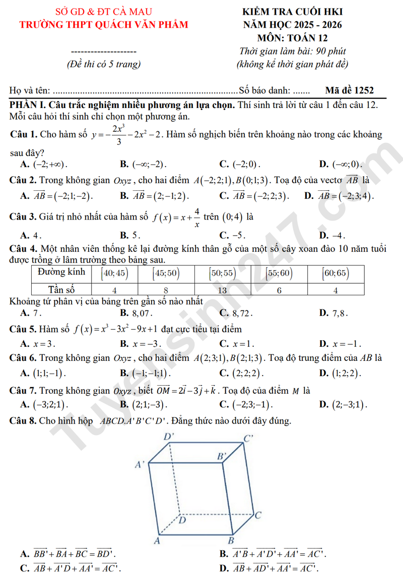 De thi hoc ki 1 lop 12 mon Toan 2025 - THPT Quach Van Pham (Co dap an)