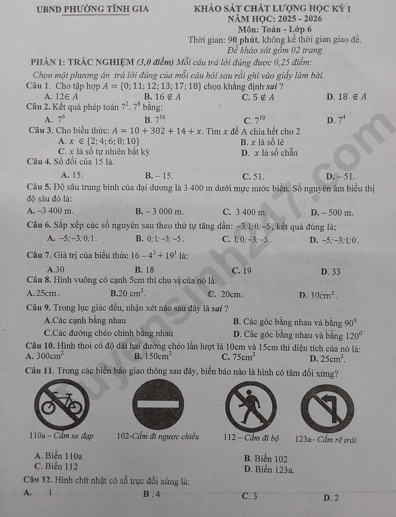 De thi HK 1 lop 6 mon Toan 2025 - Phuong Tinh Gia