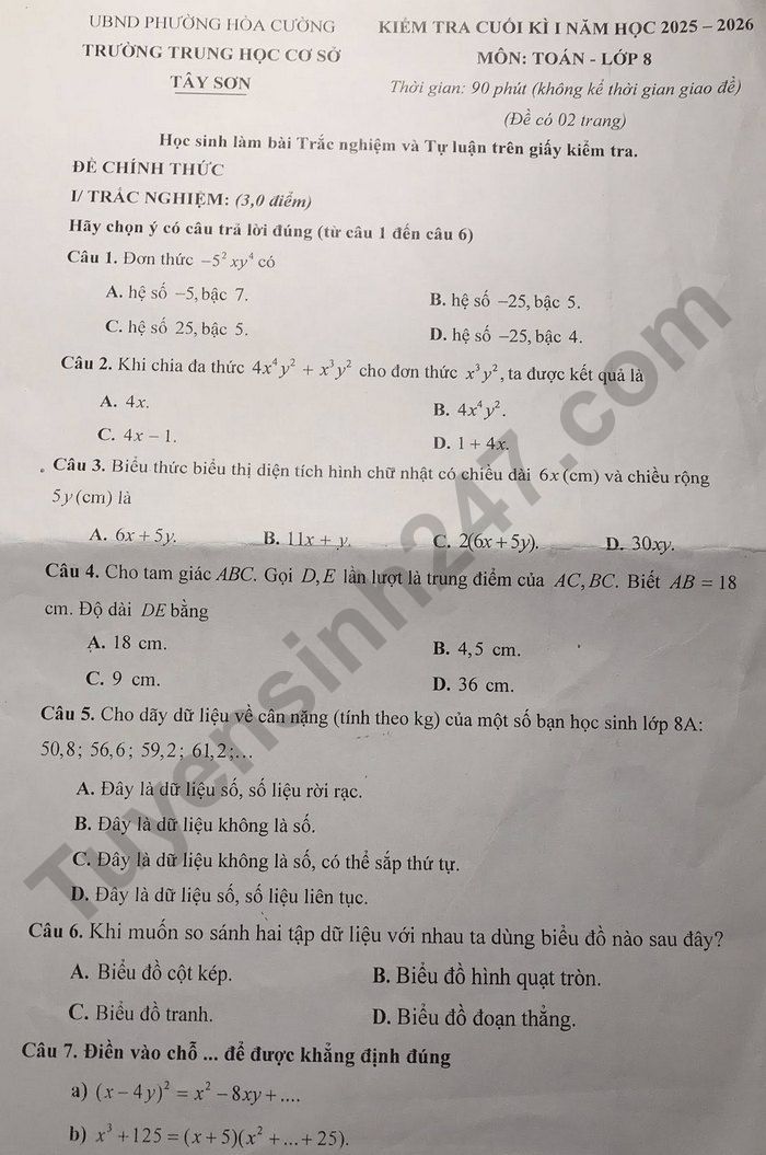 De thi cuoi ki 1 nam 2025 mon Toan 8 - THCS Tay Son