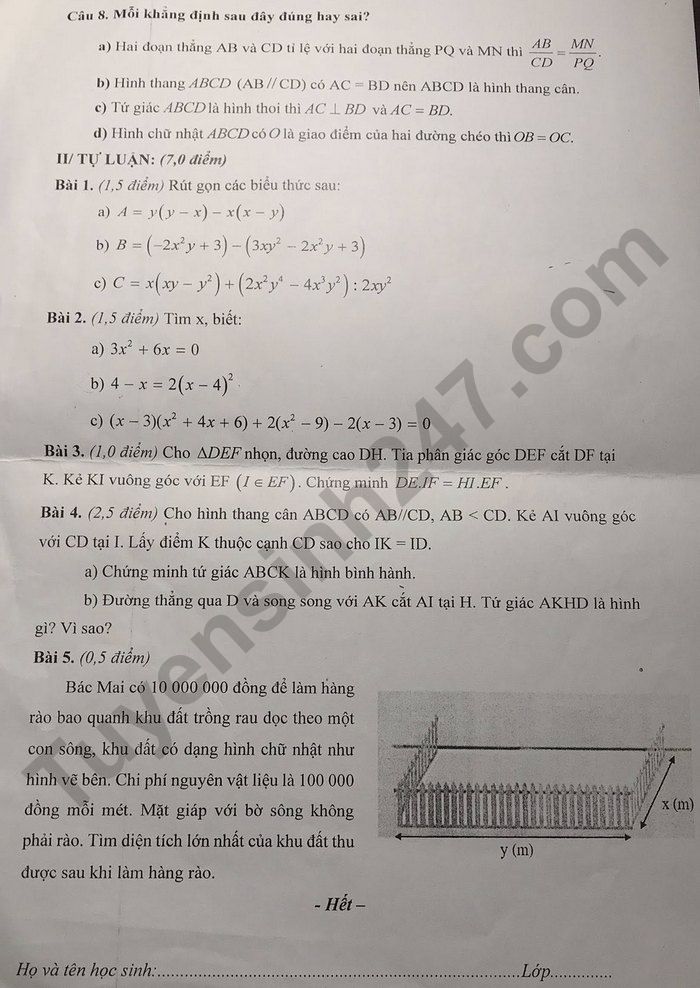 De thi cuoi ki 1 nam 2025 mon Toan 8 - THCS Tay Son