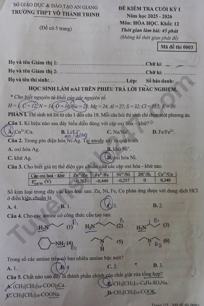 De thi cuoi ki 1 mon Hoa lop 12 THPT Vo Thanh Trinh 2025