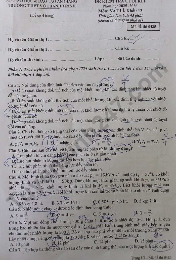 De thi ki 1 nam 2025 THPT Vo Thanh Trinh - lop 12 mon Ly