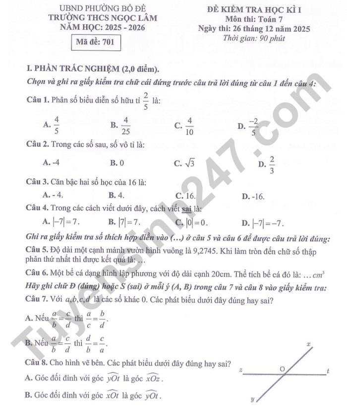 De thi HK1 nam 2025 THCS Ngoc Lam - Toan lop 7
