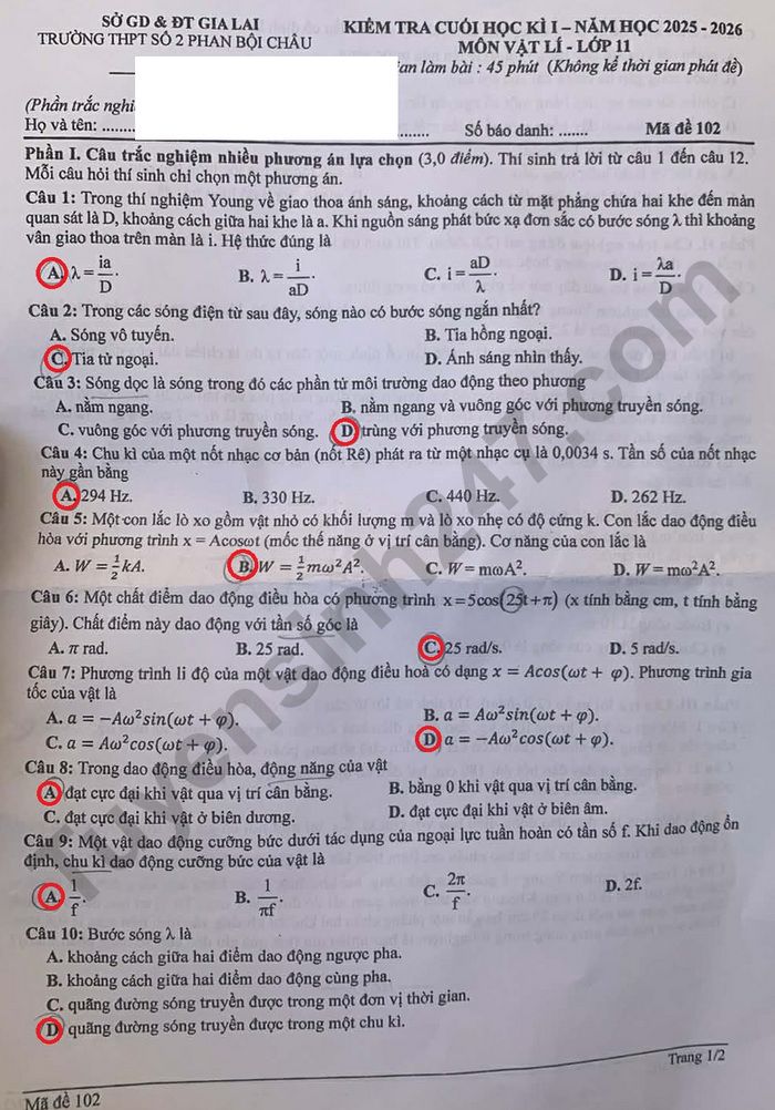 De thi hoc ki 1 nam 2025 Ly lop 11 - THPT so 2 Phan Boi Chau