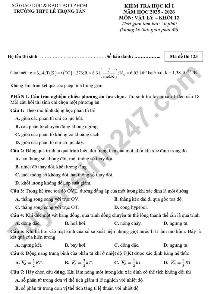 De thi hoc ki 1 lop 12 mon Ly - THPT Le Trong Tan 2025