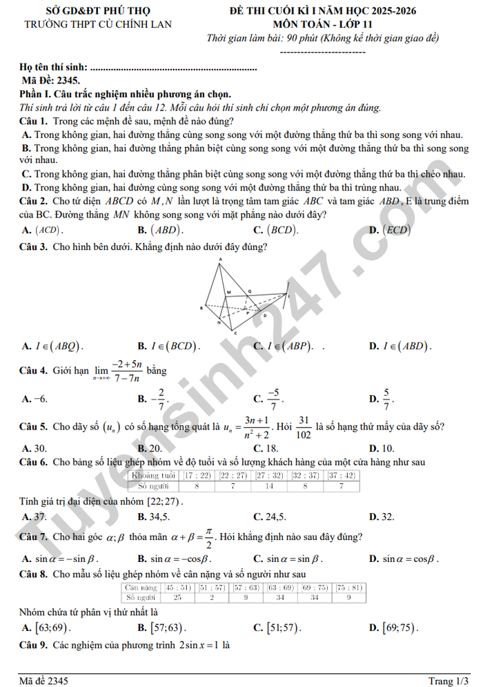De thi cuoi ki 1 mon Toan lop 11 THPT Cu Chinh Lan 2025