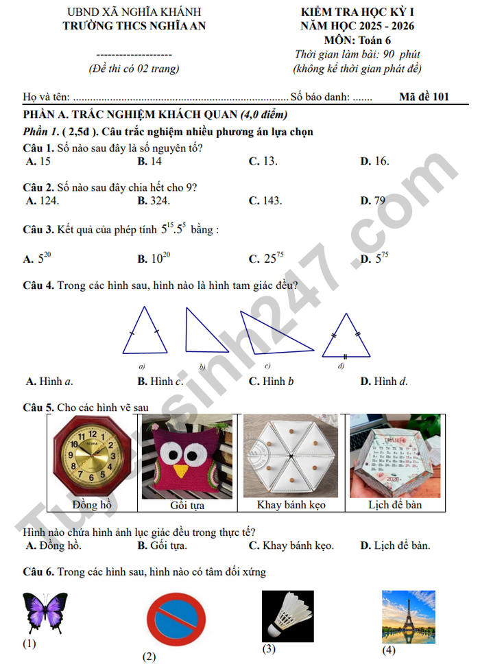 De thi hoc ki 1 nam 2025 THCS Nghia An - mon Toan 6