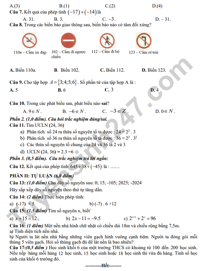 De thi hoc ki 1 nam 2025 THCS Nghia An - mon Toan 6