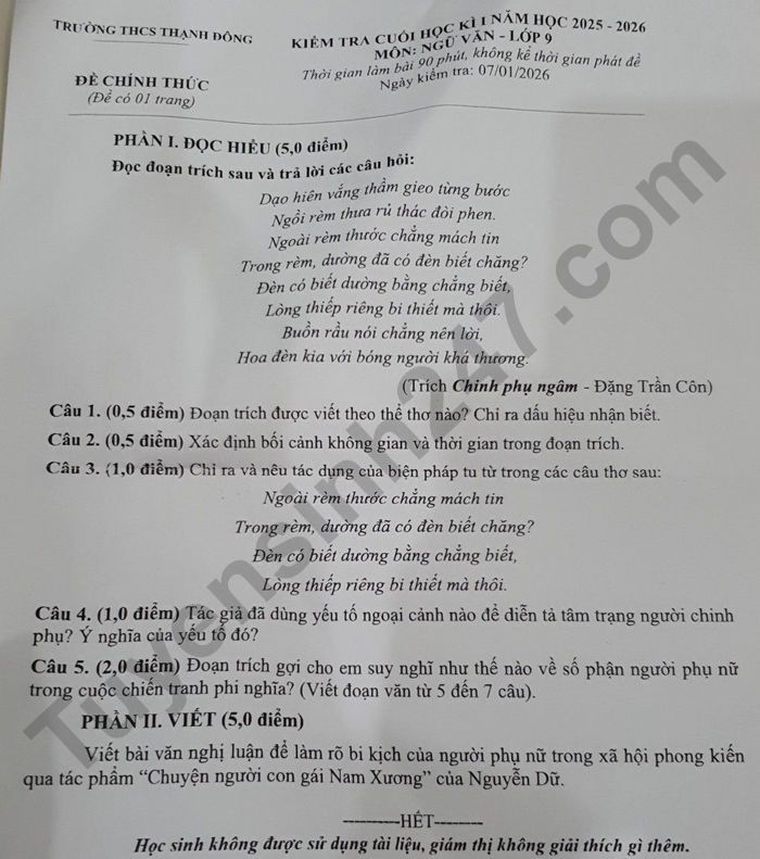De thi hoc ki 1 lop 9 mon Van - THCS Thanh Dong 2025